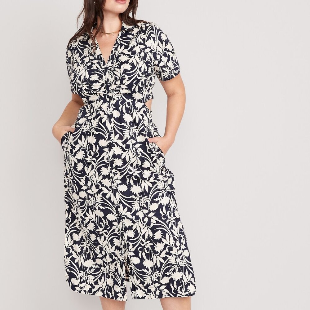 Old Navy | Navy White Cotton Poplin Cutout Button Front Shirt Dress S Petite